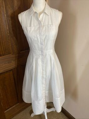 RACHEL Rachel Roy White Sleeveless Striped Midi Shirt Dress